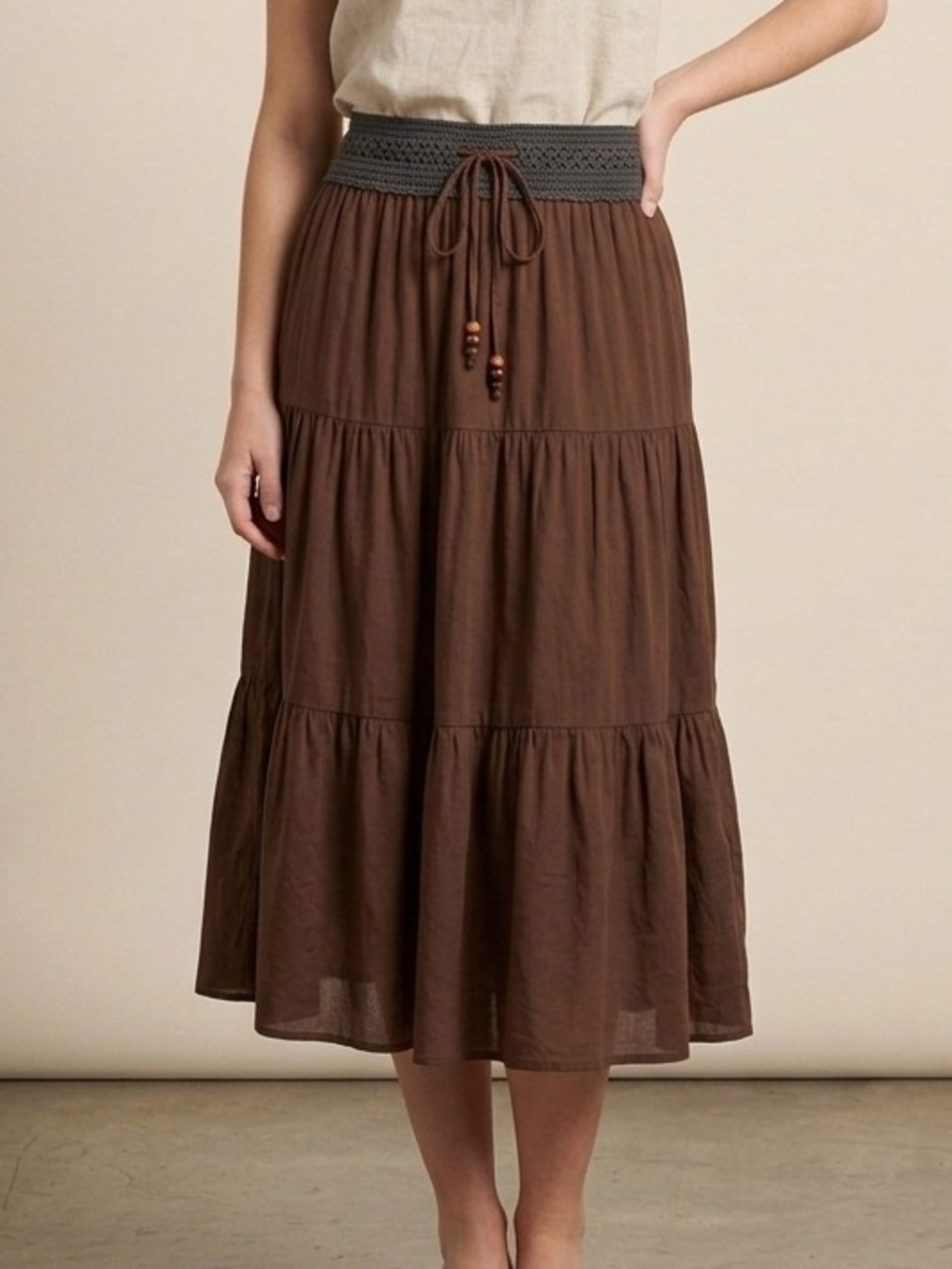 Denver Hayes Brown Tiered Cotton Midi Skirt with Crochet Waist Size Small